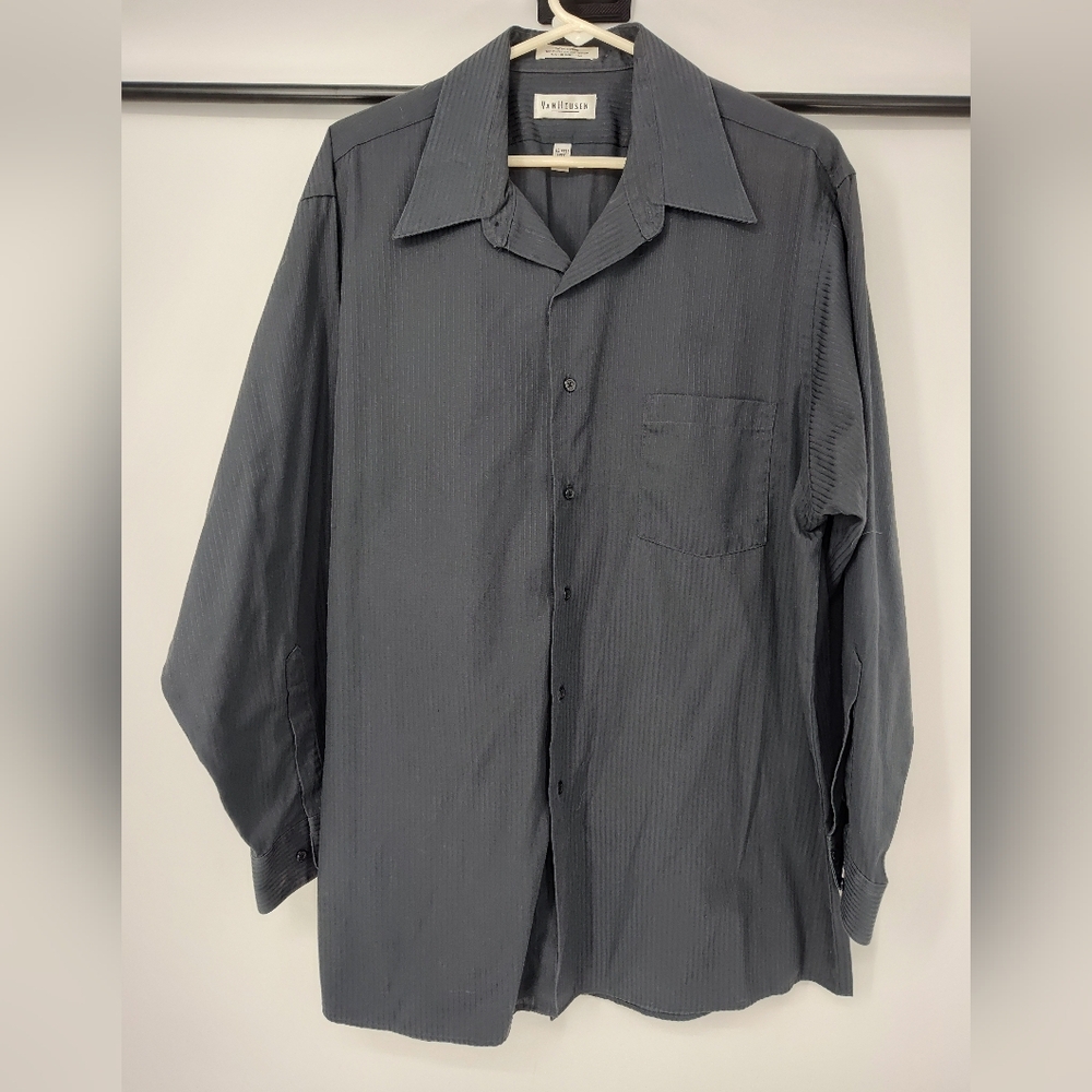 Van Heusen Men's Dark Charcoal Pinstripe Button-Up Shirt Size 17, 32/33